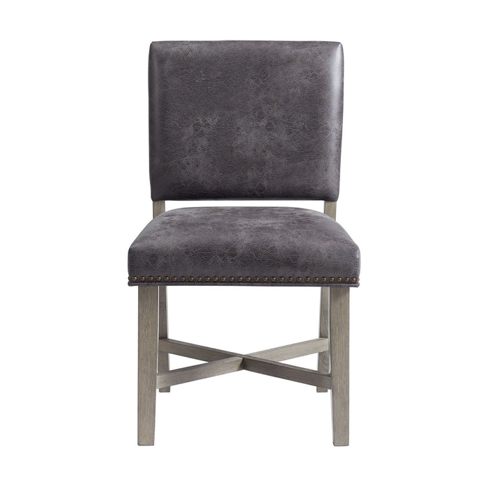Elements International Collins Side Chair Stretcher with Brown PU (Set of 2) in Weathered Gray