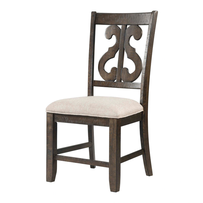 Stone 6PC Dining Set in Charcoal - Table, 4 Wooden Swril Back Side Chairs, & Pew Bench