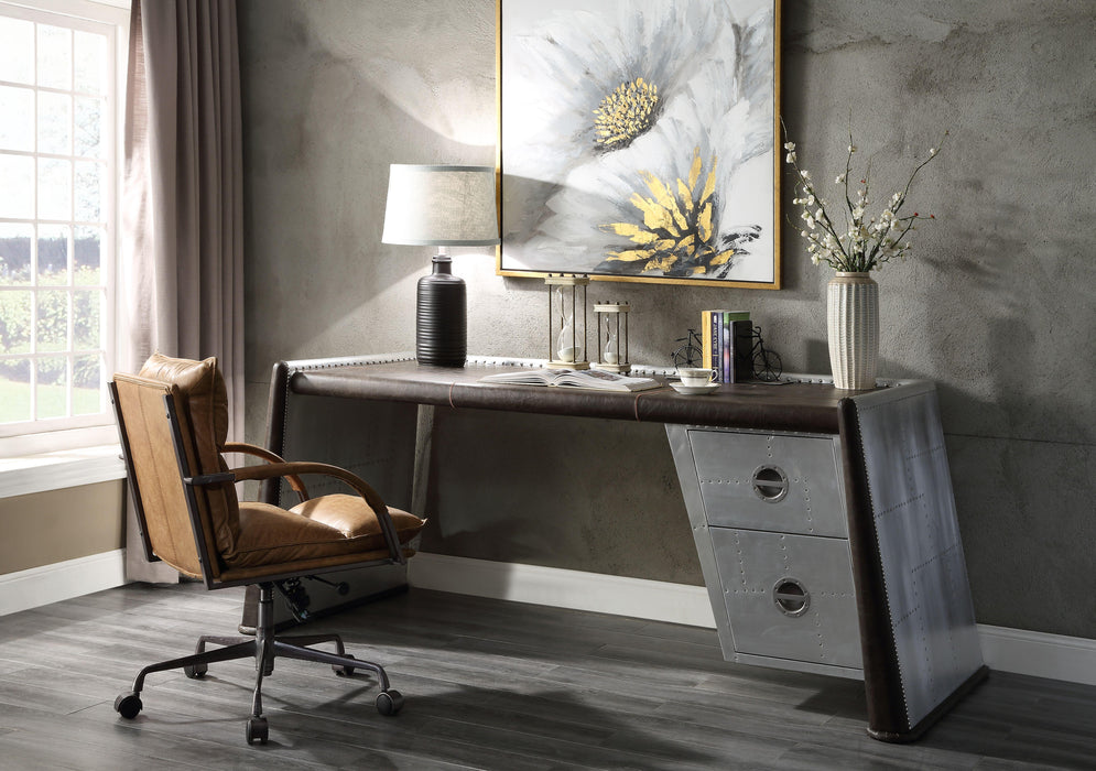 Brancaster Distress Chocolate Top Grain Leather & Aluminum Desk - Sweet Furniture (Columbus, Ohio)