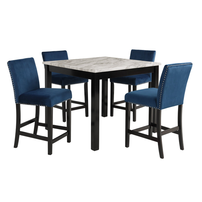 Celeste 5Pc 42" Marble Finish Counter Table & 4 Chairs-Blue