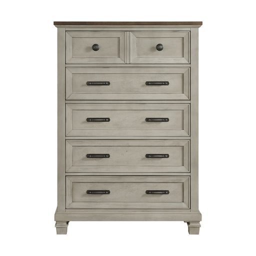 Farmington 5-Drawer Chest in Medium Brown and Washed Stone - Sweet Furniture (Columbus, Ohio)