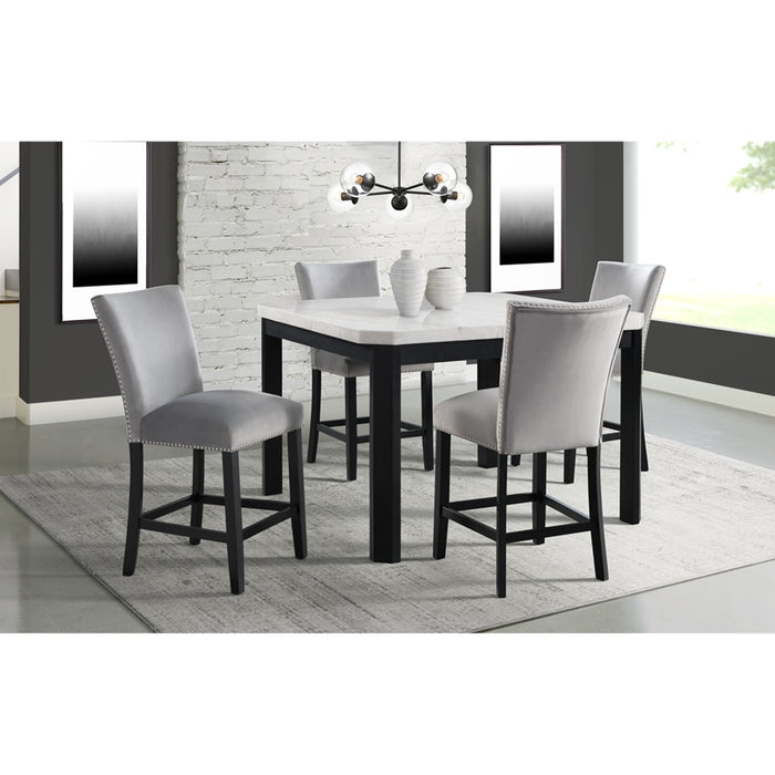 Francesca White Marble Square 5PC Counter Height Dining Set-Table & Four Grey Velvet Chairs