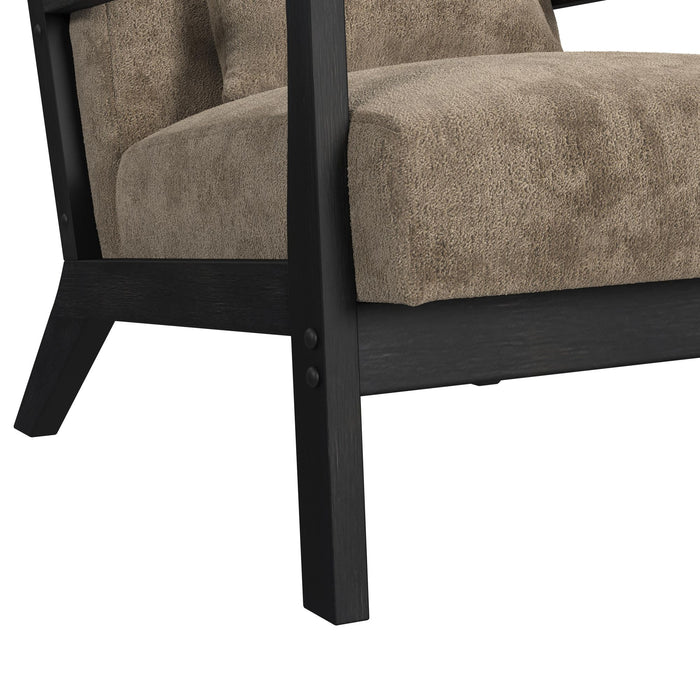Marina Chair with kidney pillow in Langley Cocoa and Brushed Espresso Finish