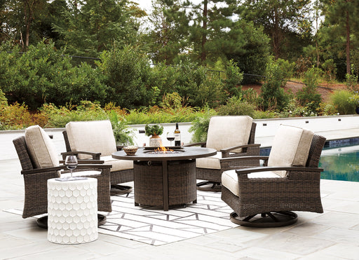Paradise Trail Paradise Trail Fire Pit Table with 4 Nuvella Swivel Lounge Chairs - Sweet Furniture (Columbus, Ohio)