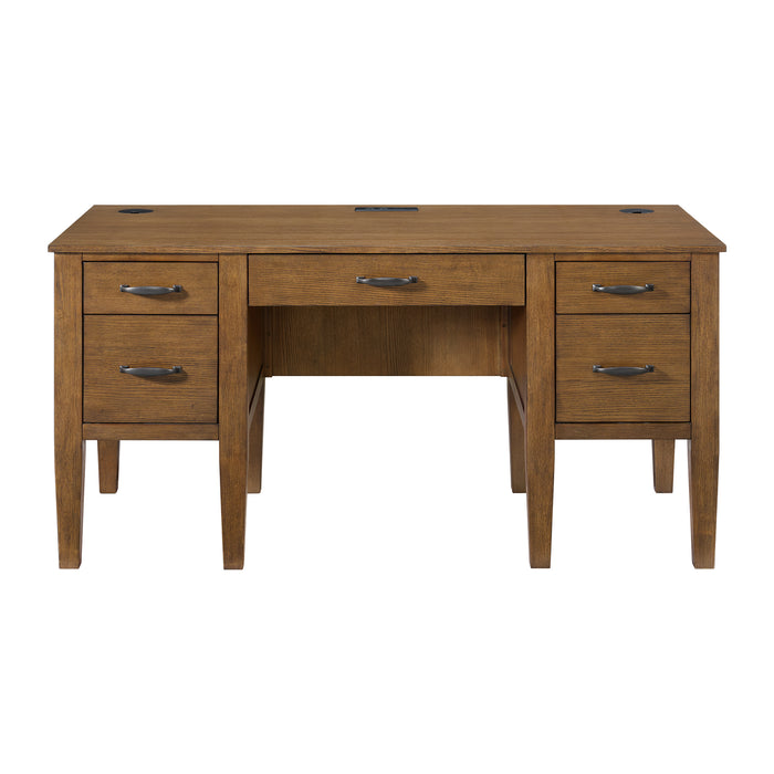 Portico Half Pedestal Desk with Power/USB in Brown Oak