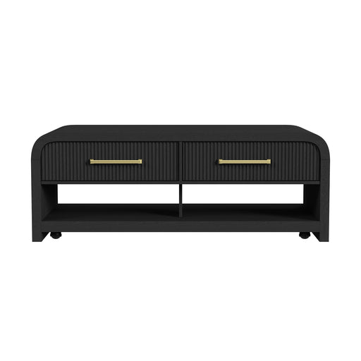 Ridgemont Coffee Table with Casters/Push Through Drawer in Black with Grain - Sweet Furniture (Columbus, Ohio)