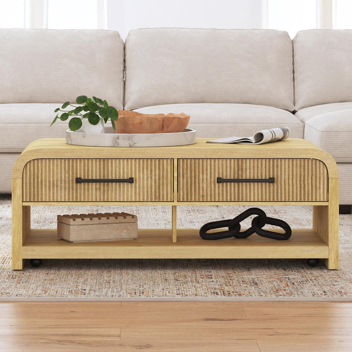 Ridgemont Coffee Table with Casters/Push Through Drawer in Natural - Sweet Furniture (Columbus, Ohio)