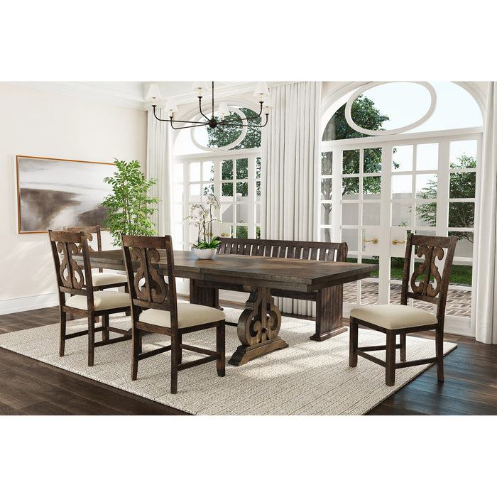 Stone 6PC Dining Set in Charcoal - Table, 4 Wooden Swril Back Side Chairs, & Pew Bench - Sweet Furniture (Columbus, Ohio)