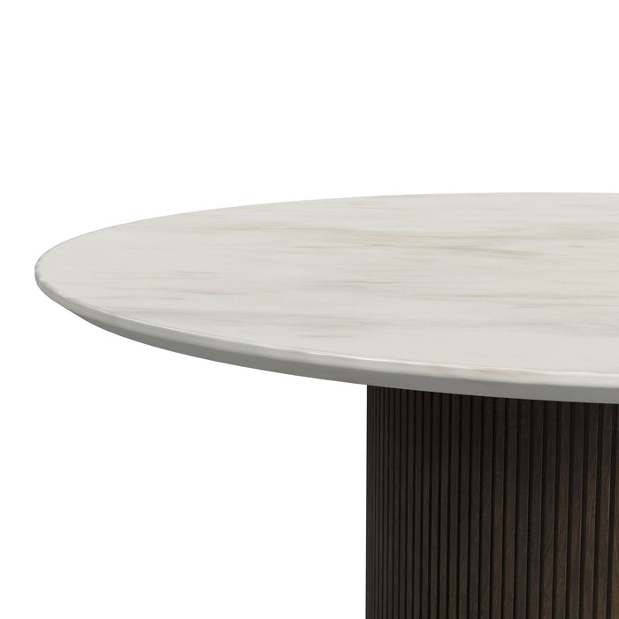 Sylvie Round End Table with White Faux Marble Top and Base in Dark Brown - Sweet Furniture (Columbus, Ohio)