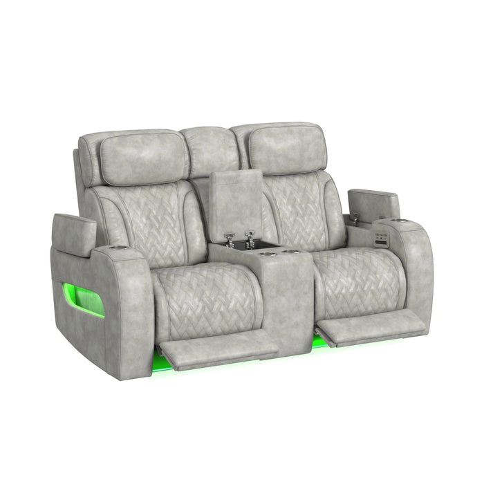 Prime Time P3 Loveseat with Console, 7 Colors LED, Cup Holders and Wireless Charger Controller in Leather Gel Light Grey