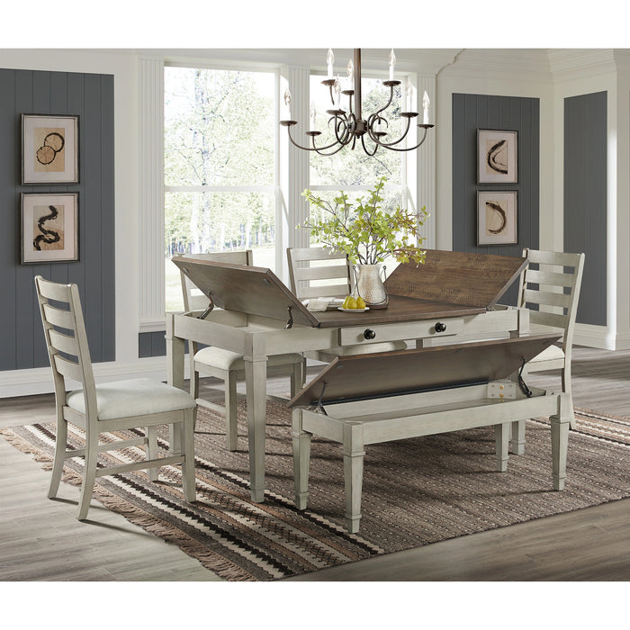 Farmington Storage Dining Bench in Medium Brown and Washed Stone