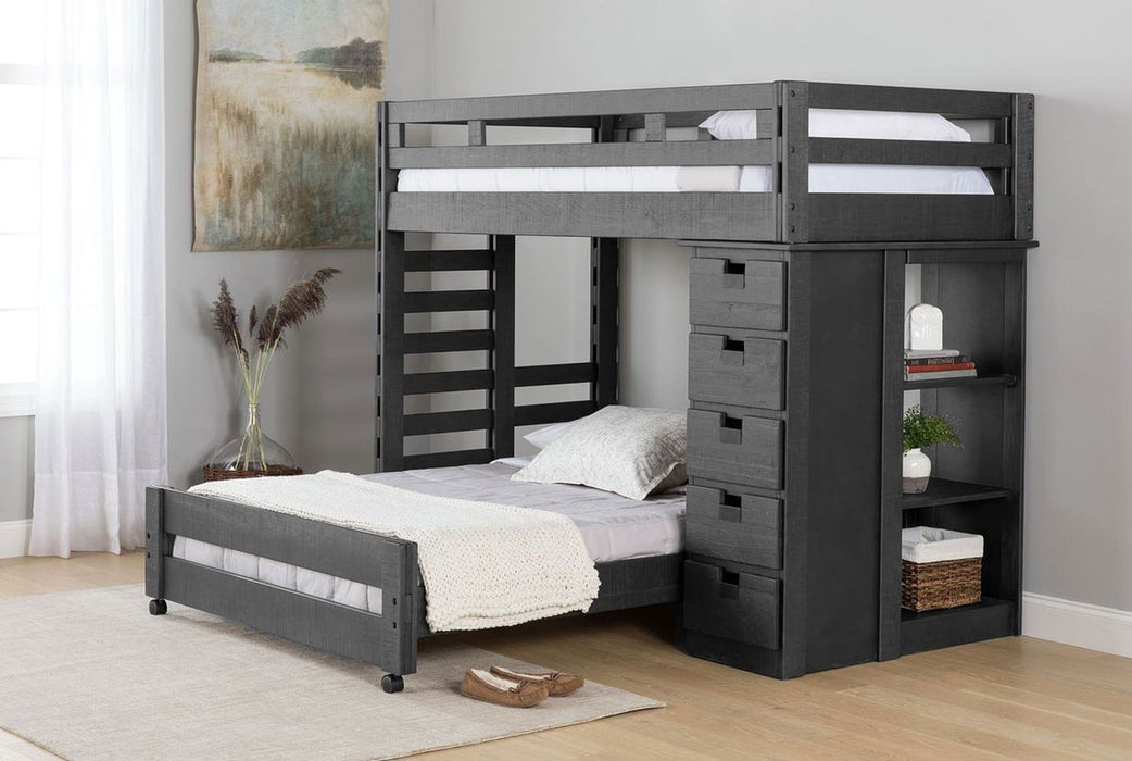 Elements International Vista Twin over Full Basic Loft Bed with Bookcase in Grey