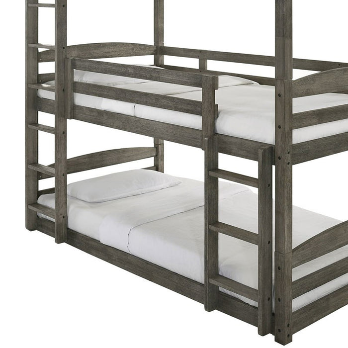 Elements International Trey Twin Over Twin Over Twin Bunk Bed in Wire Brushed Grey